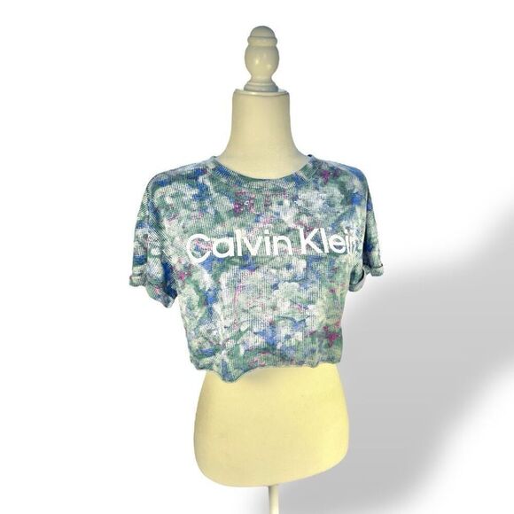 Calvin Klein Performance Cyber Floral Crop Tee Sz XS - Picture 2 of 12